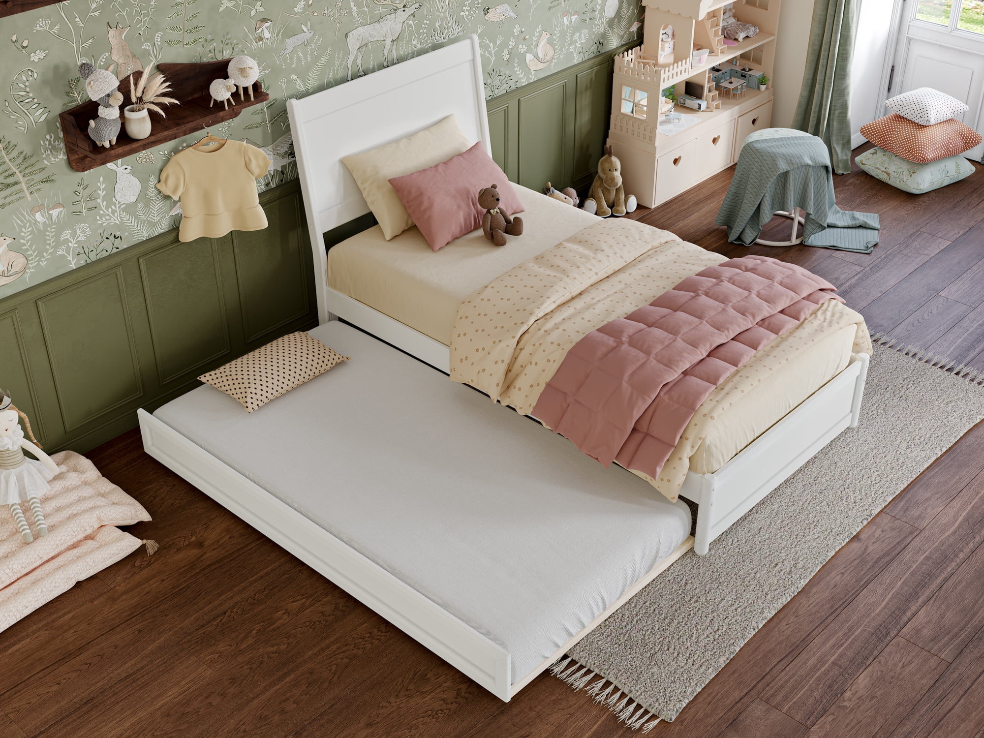 AFI Casanova Twin Solid Wood Platform Bed with Panel Footboard and Twin Trundle, White