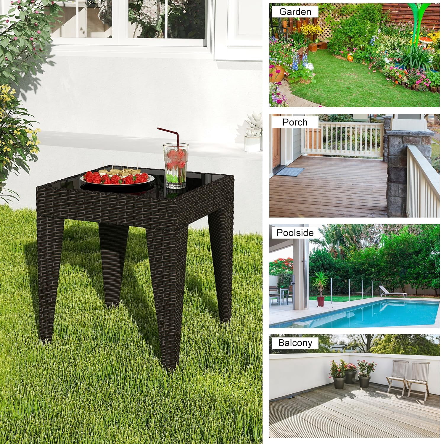 Kinbor Outdoor Furniture Patio Table Wicker Coffee Table, Square End Table Tempered Glass Top with Storage, Brown