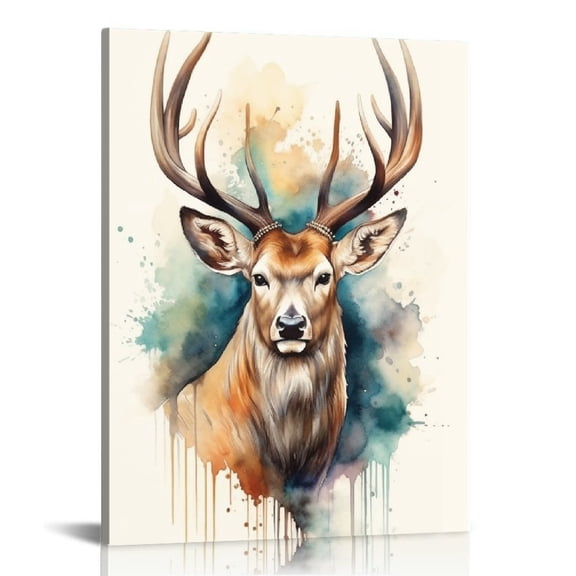 JRXY Funny Animal Deer Canvas Wall Art Decor Watercolor Splatter and Splotches Elk Poster, Modern Colorful Splash-Ink Art Decor for Bathroom Living room Kids Room Home Artwork Wall Decor 12x16 in