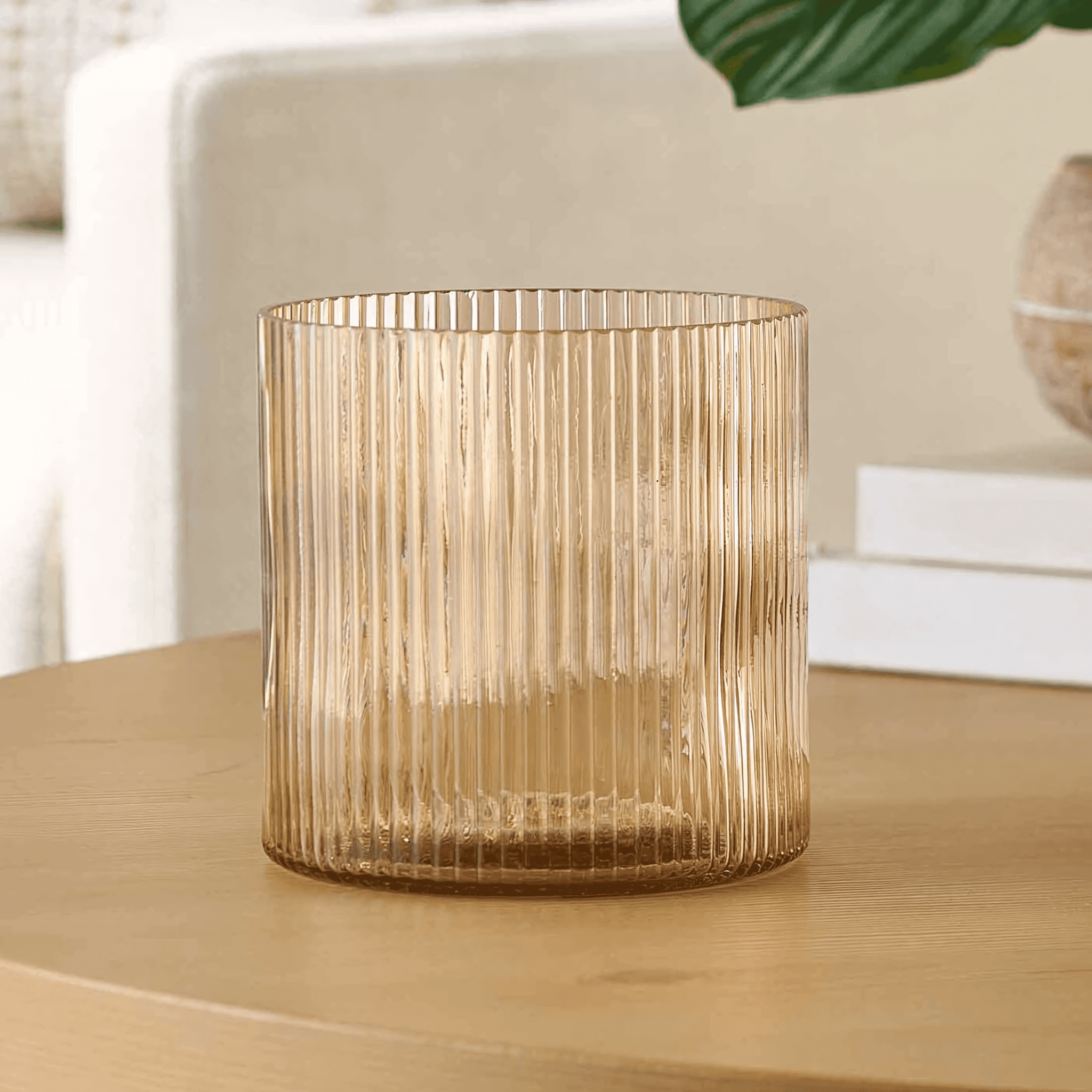 Better Homes & Gardens Amber Glass Ribbed Hurricane Candleholder, 5", Medium