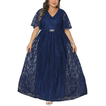 Agnes Orinda Women's Plus Size Guest Dress Ruffled Short Sleeves Mesh Embellishment Evening Gowns Formal Party Maxi Dresses with Belt 4X Navy Blue
