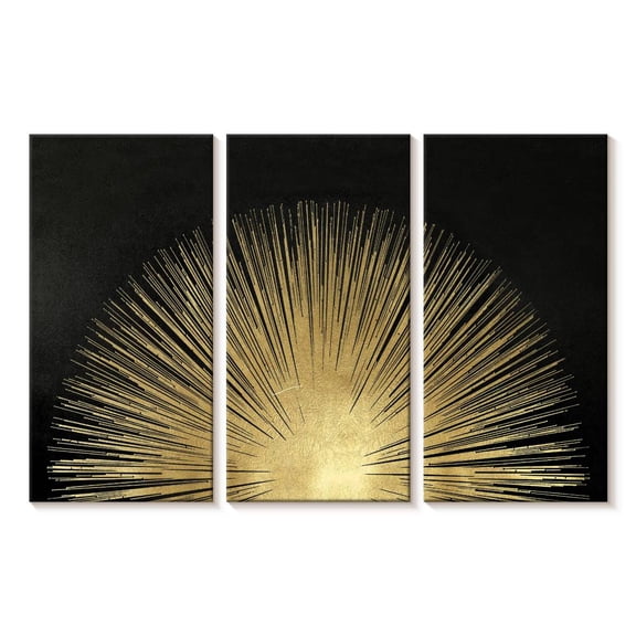 Elephant Stock Sunburst Rising On Black Wall Art - Horizontal Multi Panel Canvas - Living Room Wall Decor - Abstract Multi Panel - Black And Gold Decor By Abby Young - 23" x 14"