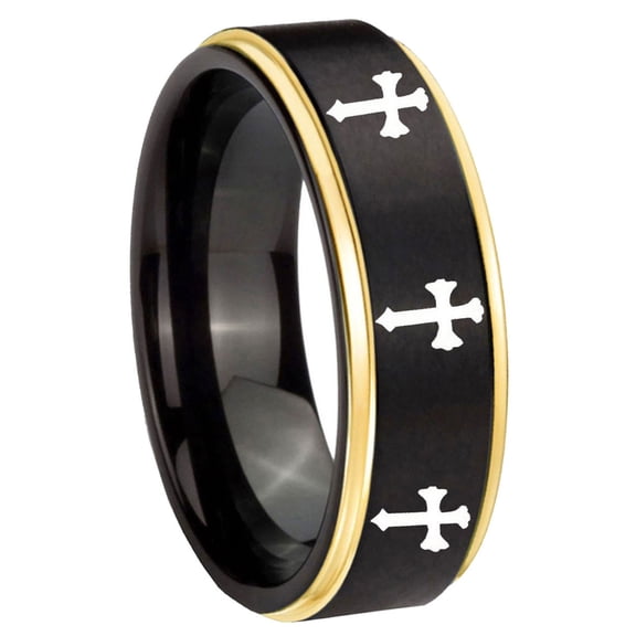 Multiple Christian Cross Step Edge Black Gold Tungsten Ring 10MM