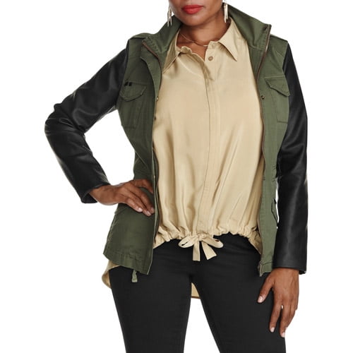 Women's PlusSize Cargo Utility Jacket With Faux Leather Sleeves