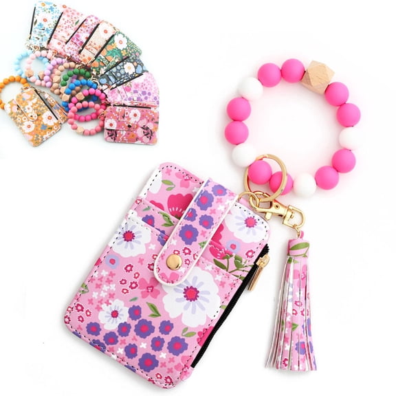 Women's Boho Beaded Wallet with Flower Pattern, Women Boho Style Beaded & Tassel Decorated Keychain, Credit Card Holder Purse (1PC,A)