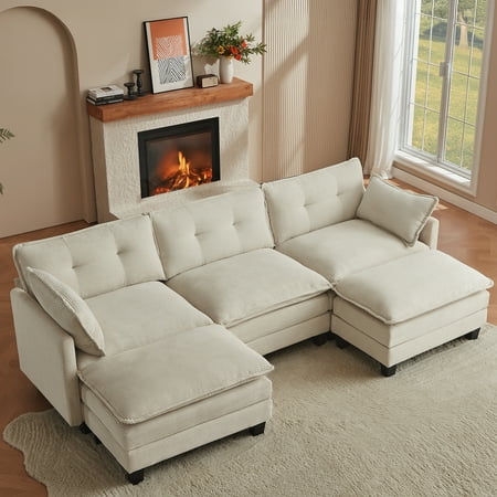 Modular Sectional Sofa, 111.5" U-Shaped Comfy Sectional Couches for Living Room, 3-Seater Cloud Couches with 2 Movable Ottomans, Flexible Combination Modern Deep Seat Sofa (Corduroy, Beige)