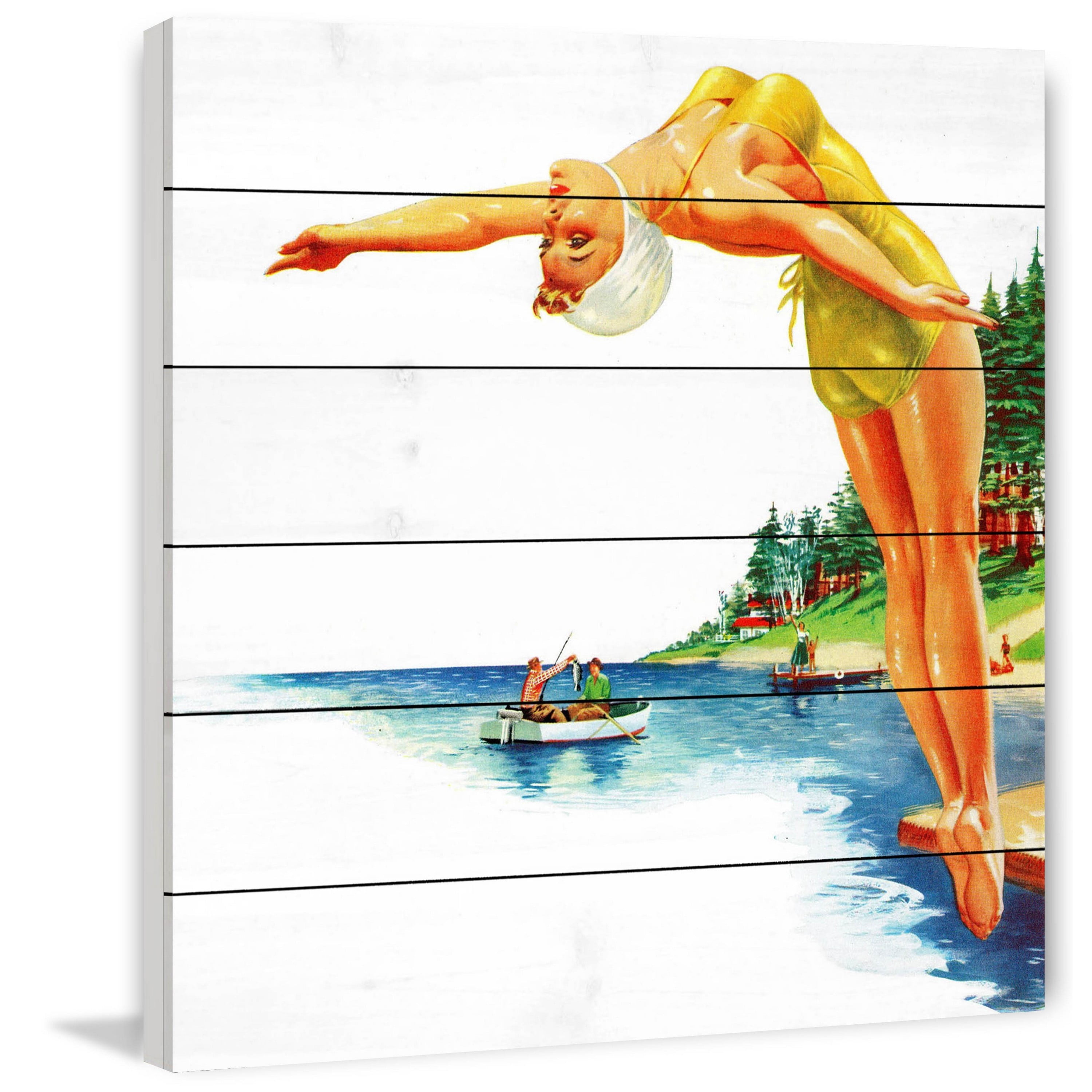 "Backwards Dive" Painting Print on White Wood