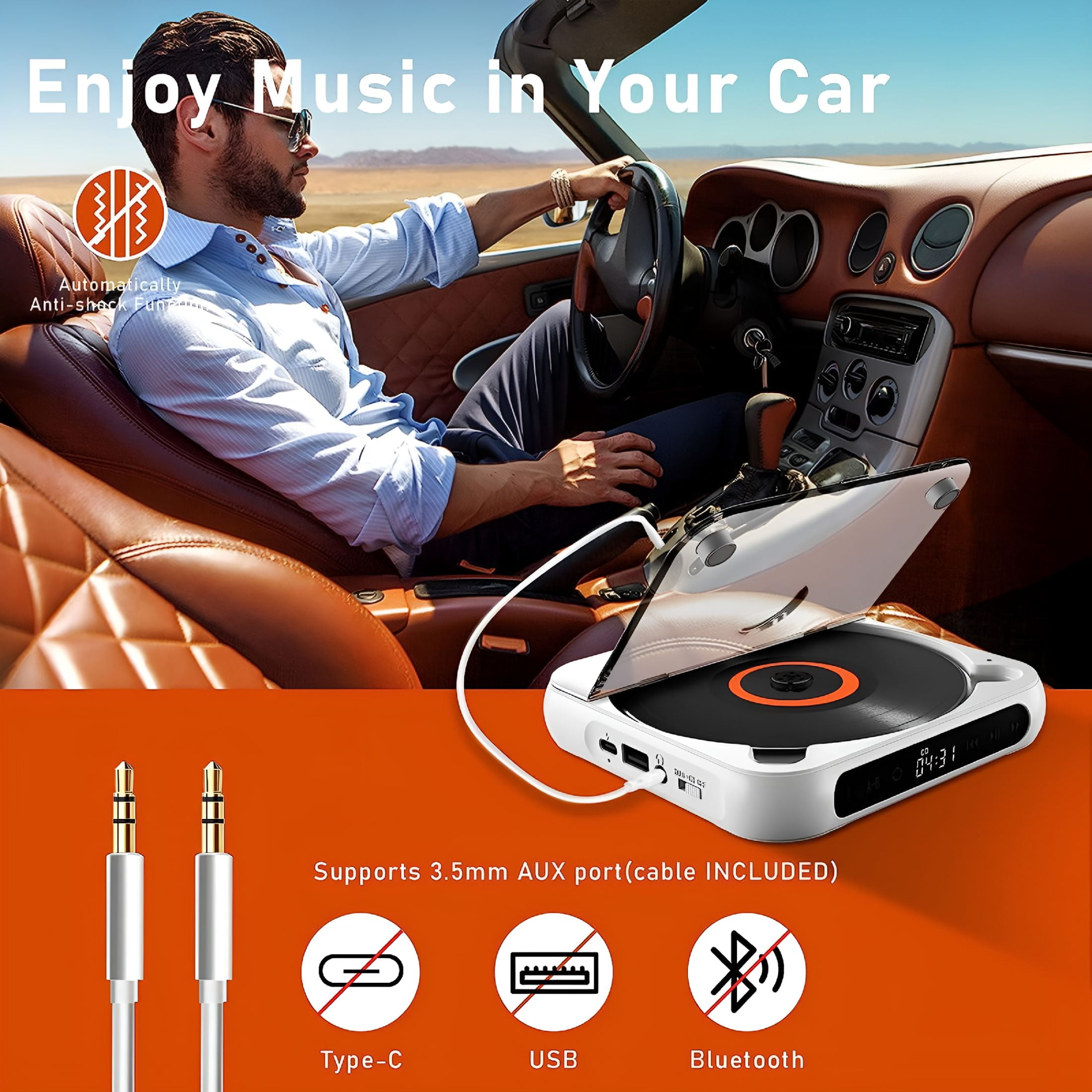 GJX 2026 New Portable Cd Player,Personal Cd Players with Bluetooth for Car&Travel,Rechargeable Small Cd Player with Headphones,Lcd Touch Screen&Anti-Skip/Shockproof White