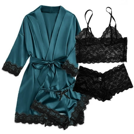 Satin Pajamas for Women  PUTUO Womens Lingerie Floral Lace Trim Cami with Robe  Pajama Sets for Women 4pcs Sleepwear