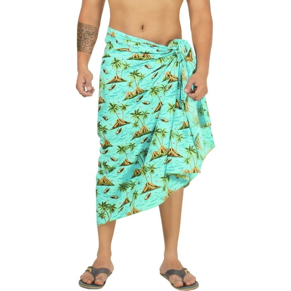 LA LEELA Men's Swimwear Cotton Linen Effect Sarong Cover Up Swimsuit Wrap Sulu Pareo Beachwear For Men One Size Shamrock Green, Palm Tree Summer Vacation