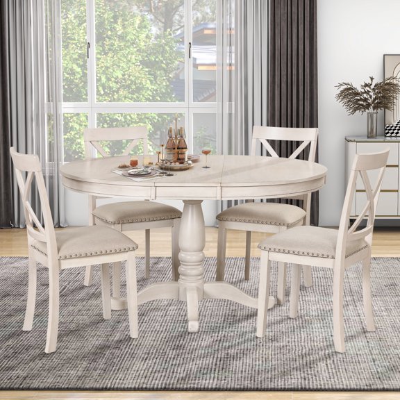 5 Piece Modern Solid Wood Dining Room Set with 4 Chairs, Simple Style Kitchen Table Set with Table and 4 Cross Back Chairs, Round Table with Chairs for Dining Room (Antique White)