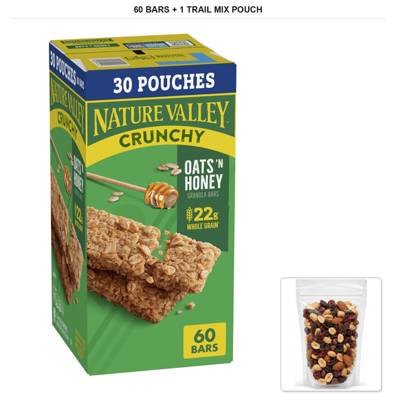 Nature Valley Oats & Honey Crunchy Granola Bars, 60 Bars Total, 44.7 oz with 1 Bybies Trail Mix Pouch, 2 oz