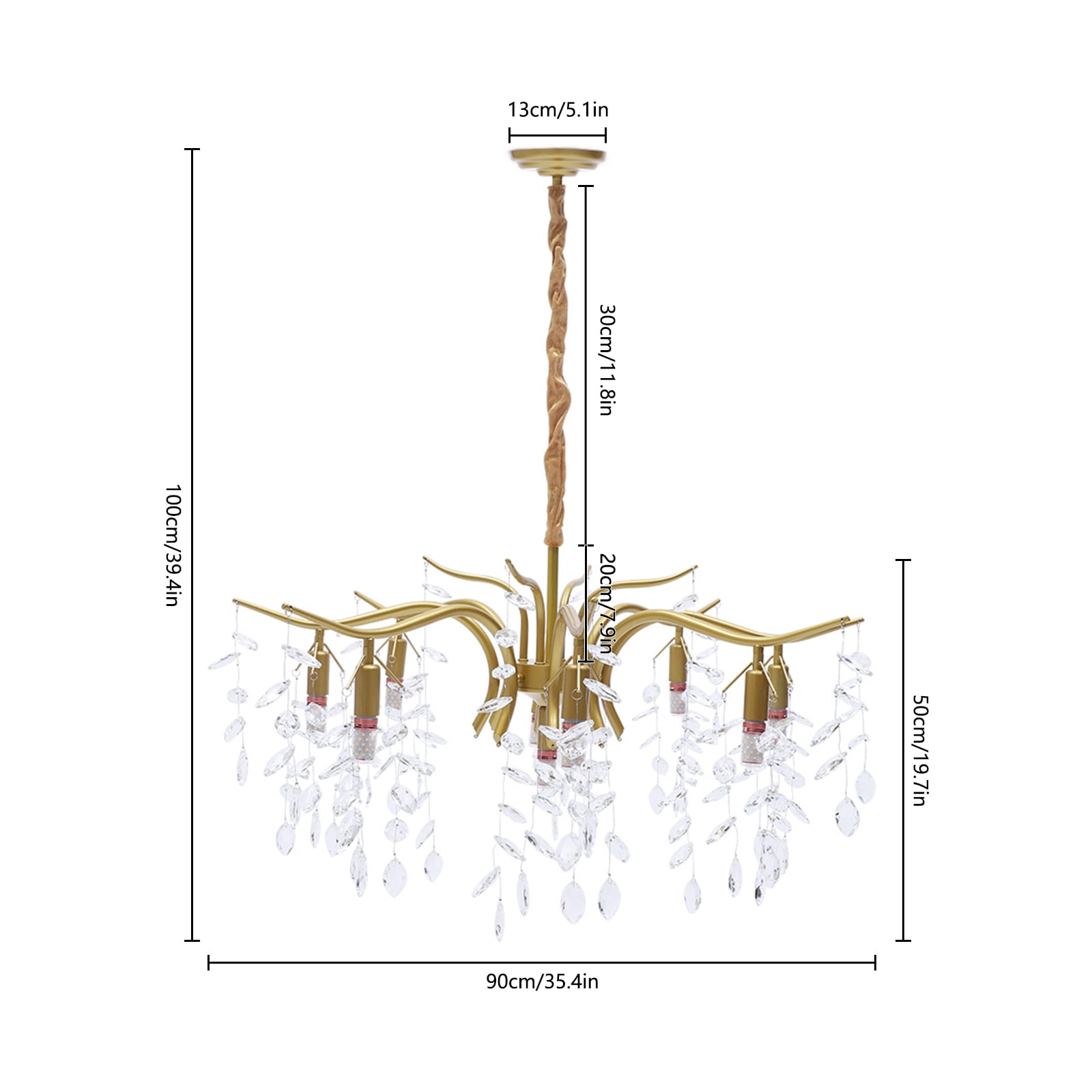 ANQIDI 35.43" Modern Crystal Chandelier Gold Dimmable Pendant Light 8+1 Heads Leaf Shape Hanging Lamp AC110-220V