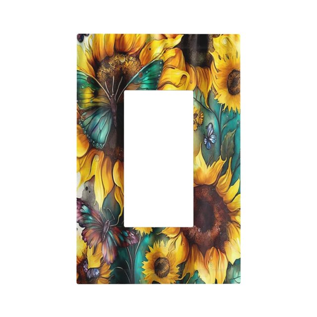 Girasol verde verde azulado mariposa solo balancín Decora cubierta de salida 1 banda interruptor de luz placa decorativa rústica botánica amarillo floral Gfci placa de pared eléctrica atenuador placa
