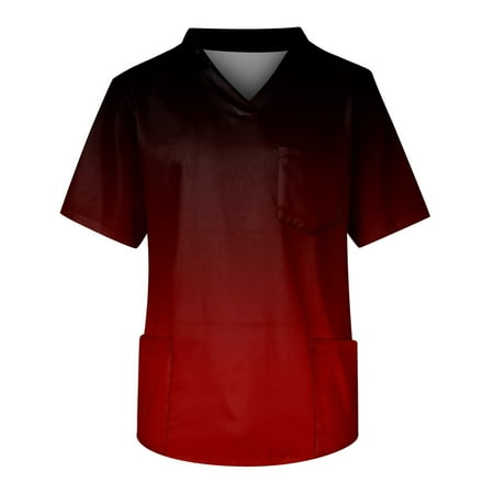 

Mlqidk Gradient Print Scrub Tops Men Short Sleeve Nurse Working Uniform Gradient Print V Neck Medical Scrub Tops Health Clinic Career Blouses Wine XL