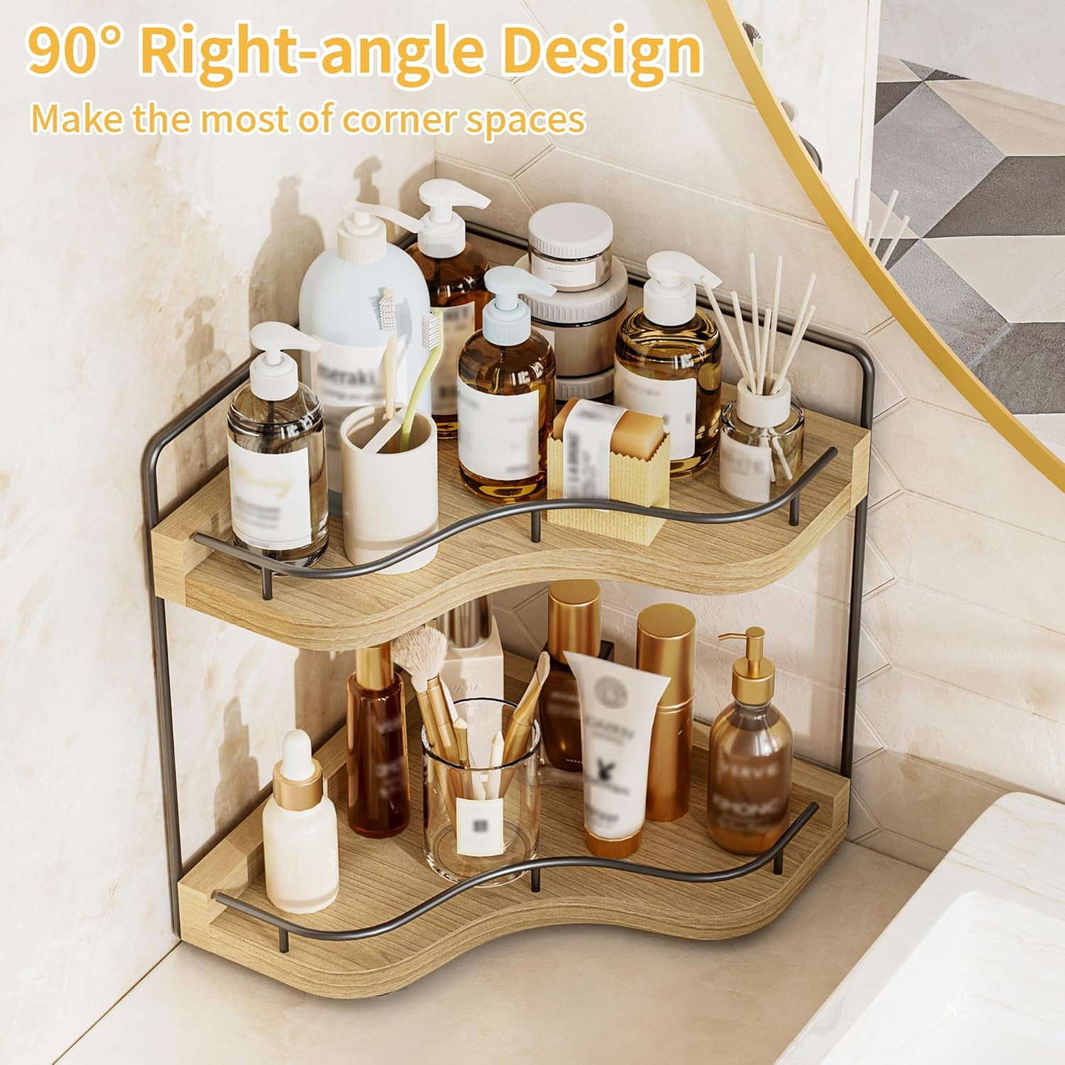 JDNRXO 2-Tier Corner Bathroom Counter Organizer with Embedded Screw Holes, Secure & Stable Wood Vanity Shelf for Makeup and Skincare Essentials - Space Saving Bathroom Organization  Storage