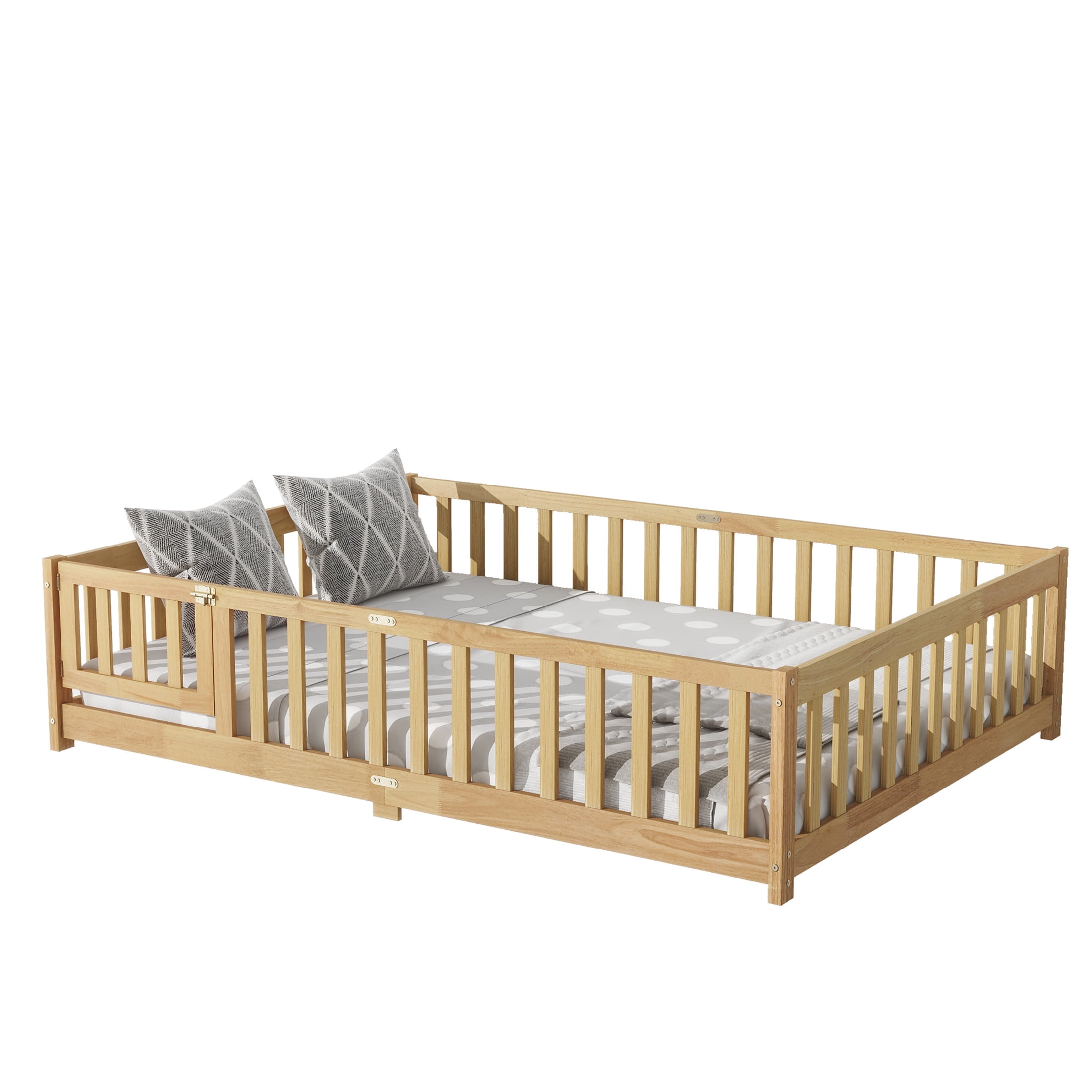 Noble House Amary Full Floor Bed with Safety Fence and Door, Sturdy Rubber Wood Montessori Bed Frame, Natural