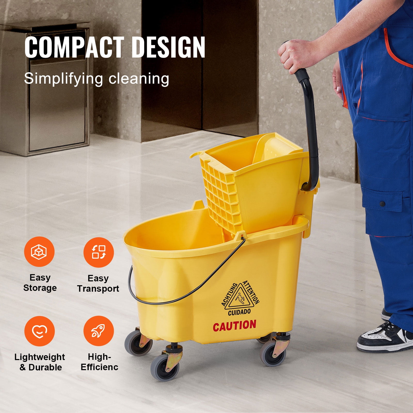 KFFKFF Commercial Mop Bucket with Wringer 26 Qt. Rolling Floor Cleaning Trolley