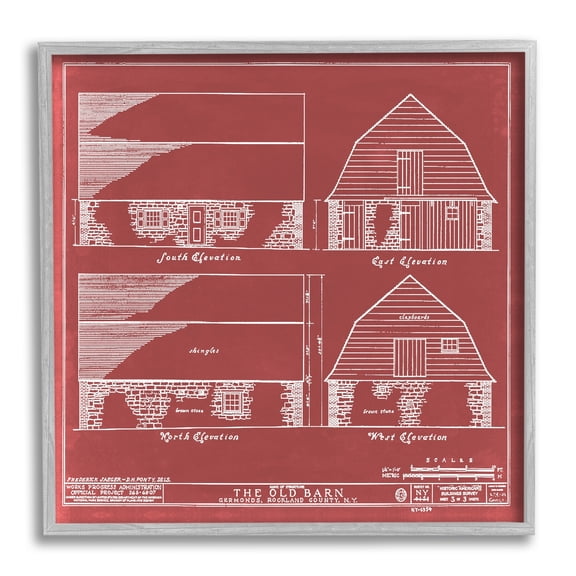 Stupell Industries Red Farmhouse Barn Detailed Blueprint Diagram Drawings Gray Framed Art Print Wall Art, 17x17, by Annie Warren