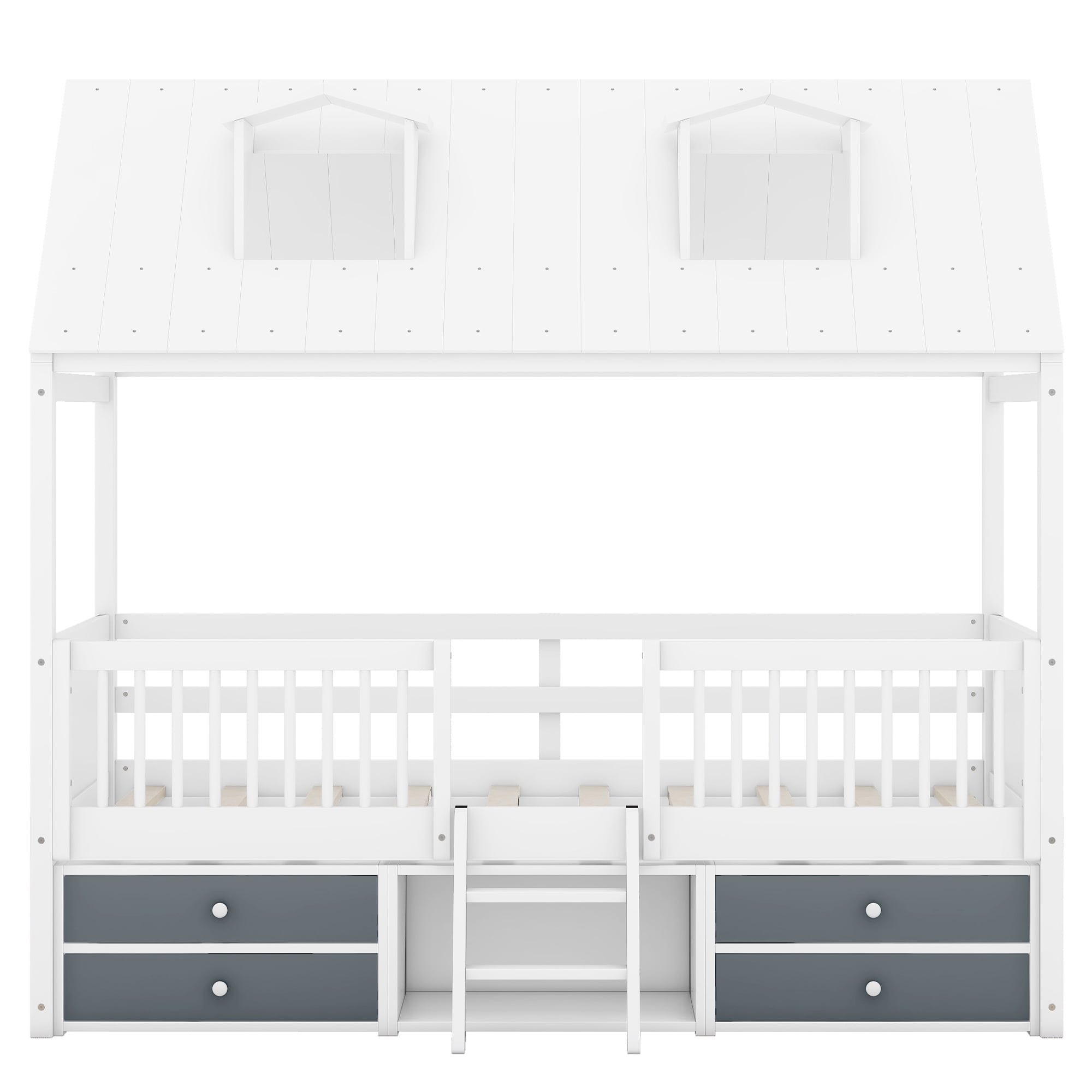 Harper & Bright Designs Twin Size Wood House Bed Frame with Fence and 4 Storage Drawers, Kids Playhouse Tent Bed with Roof and 2-step Ladder for Boys Girls Teens Bedroom, White