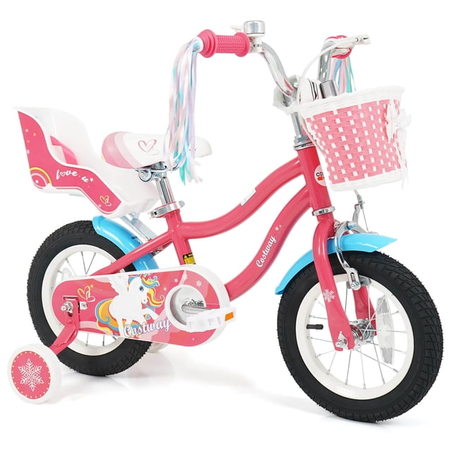 Costway Vélo pour Enfants de 12” avec Panier, Siège pour Poupée, Rubans Colorés, 2 Roues Stabilisatrices, Guidon