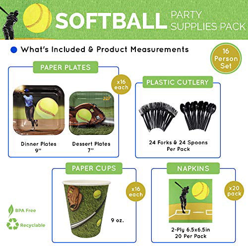 Softball Party Supplies Softball Tableware Pack 65+ Pieces for 16 Guests! Decorations Softball Birthday Party Kit 