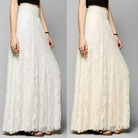 - Fashion Women High Waist Stretchy Double Lace Layer Chiffon Maxi Long Skirt