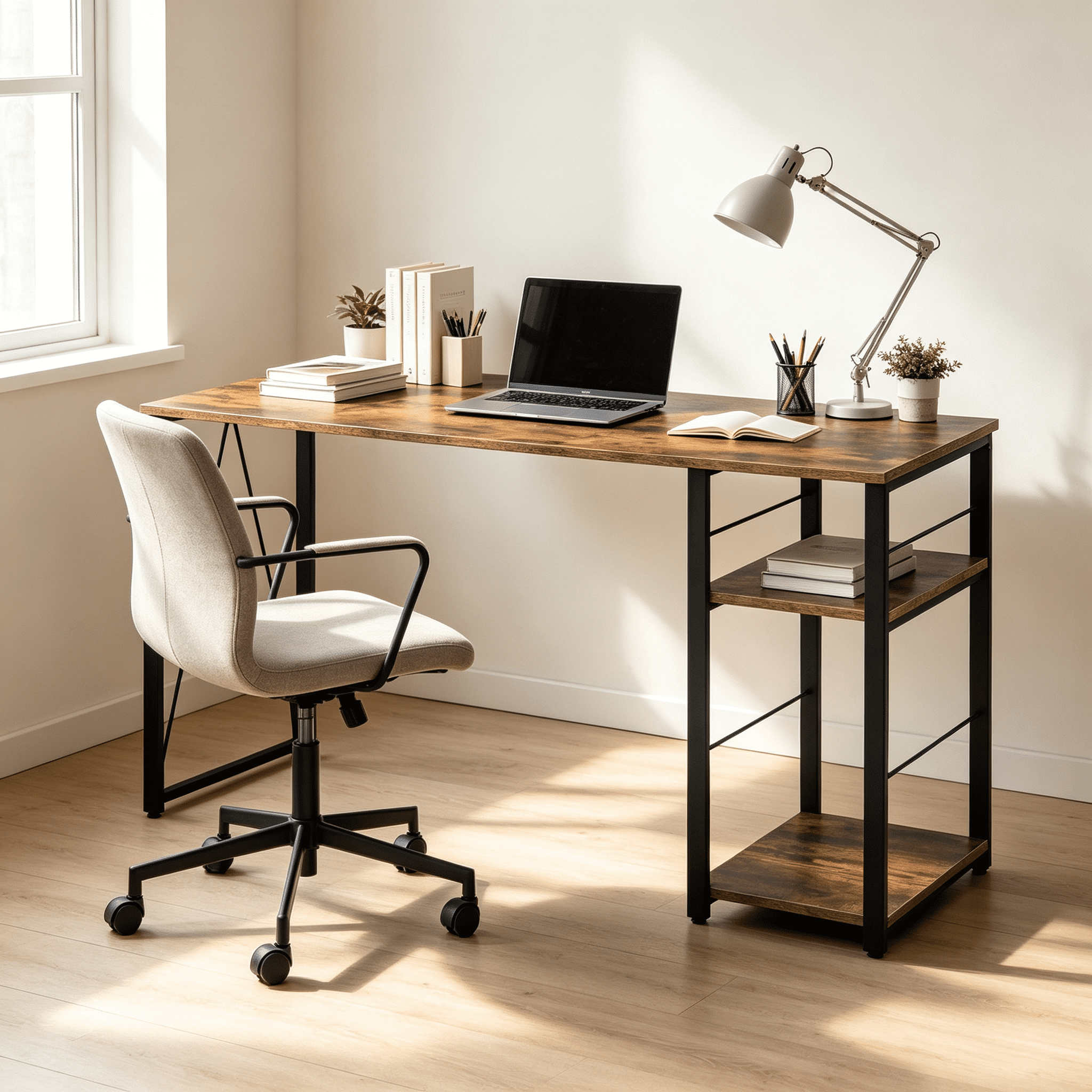 Astoutdoor Weathered Oak and Black 2-Shelf Rectangular Writing Desk