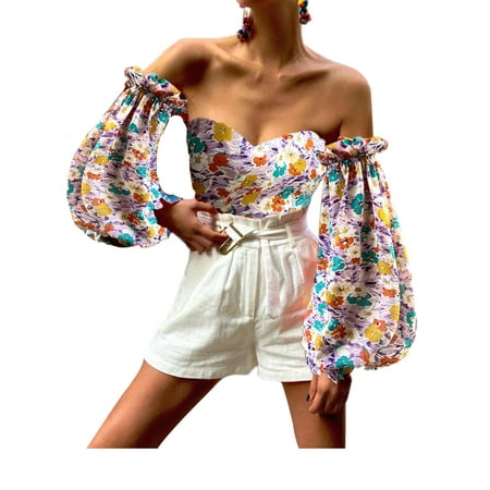 

Thaisu Women Off Shoulder Tops Sexy Frill Long Lantern Sleeve Floral Print Corset T-Shirts