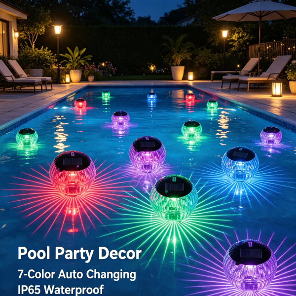 2PCS Solar Floating Pool Lights, IP65 Waterproof RGB Color‑Changing LED Lights, Solar‑Powered with Hanging Hole for Pond, Fountain, Garden, Patio Outdoor Decoration