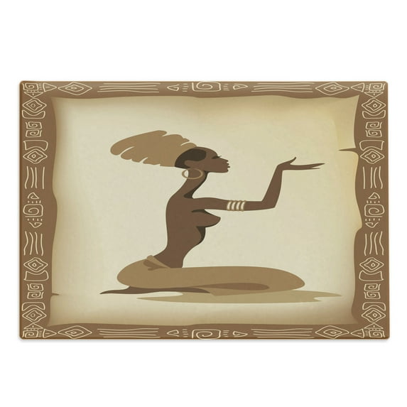 African Cutting Board, Folk Art Element Frame Native Lady Hand Gesture Antique, Decorative Tempered Glass Cutting and Serving Board, Large Size, Brown Pale Brown, by Ambesonne