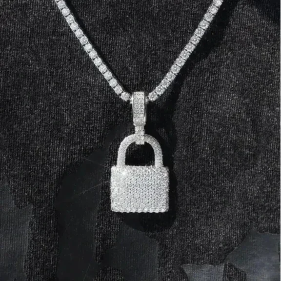 2Ct Round Cut Lab Created Diamond Mens Lock Pendant 14k White Gold Plated Silver