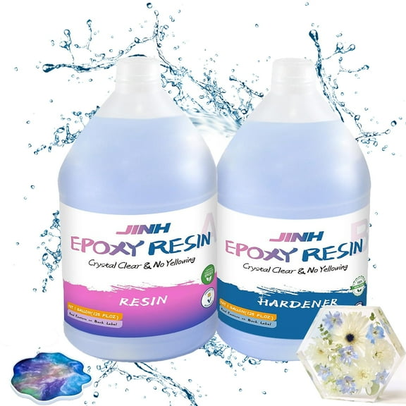 JINH Epoxy Resin 2 Gallon, Upgraded Crystal Clear Epoxy Kit UV Resistant No Bubble Self Leveling, 1 Gallon Resin and 1 Gallon Hardener Kit for DIY Art, Jewelry, Resin Art, Molds, Countertops