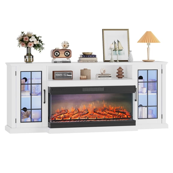 75" Fireplace TV Stand for TVs up to 85" with 40" Electric Fireplace 12 LED Flame Colors, Farmhouse Entertainment Center, Wooden Media Console for Living Room, Bedroom