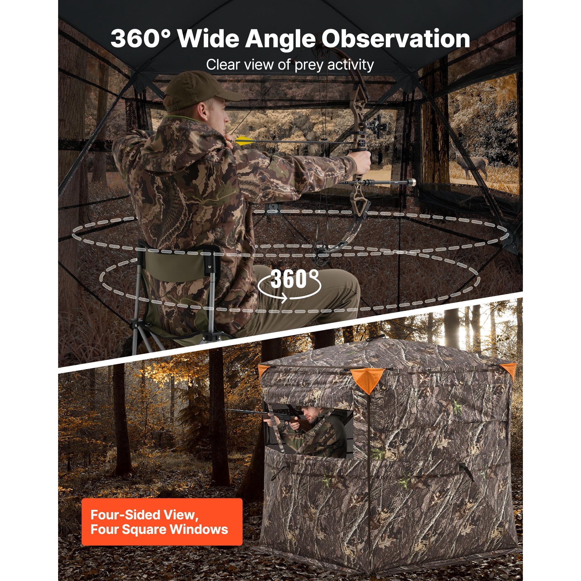 KFFKFF Hunting Blind for 2-3 People, See-Through Ground Tent with Carrying Bag, 360-Degree Portable Camouflage Shelter, Durable Concealed Design with Quiet Side Door and Window