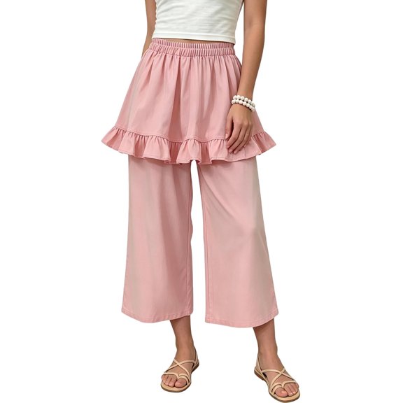 BADHUB Girls Ruffle Elastic Waist Wide Leg Loose Fit Pants Baggy Casual Trendy Streetwear Y2k Skorts Pants Pink 9 Years