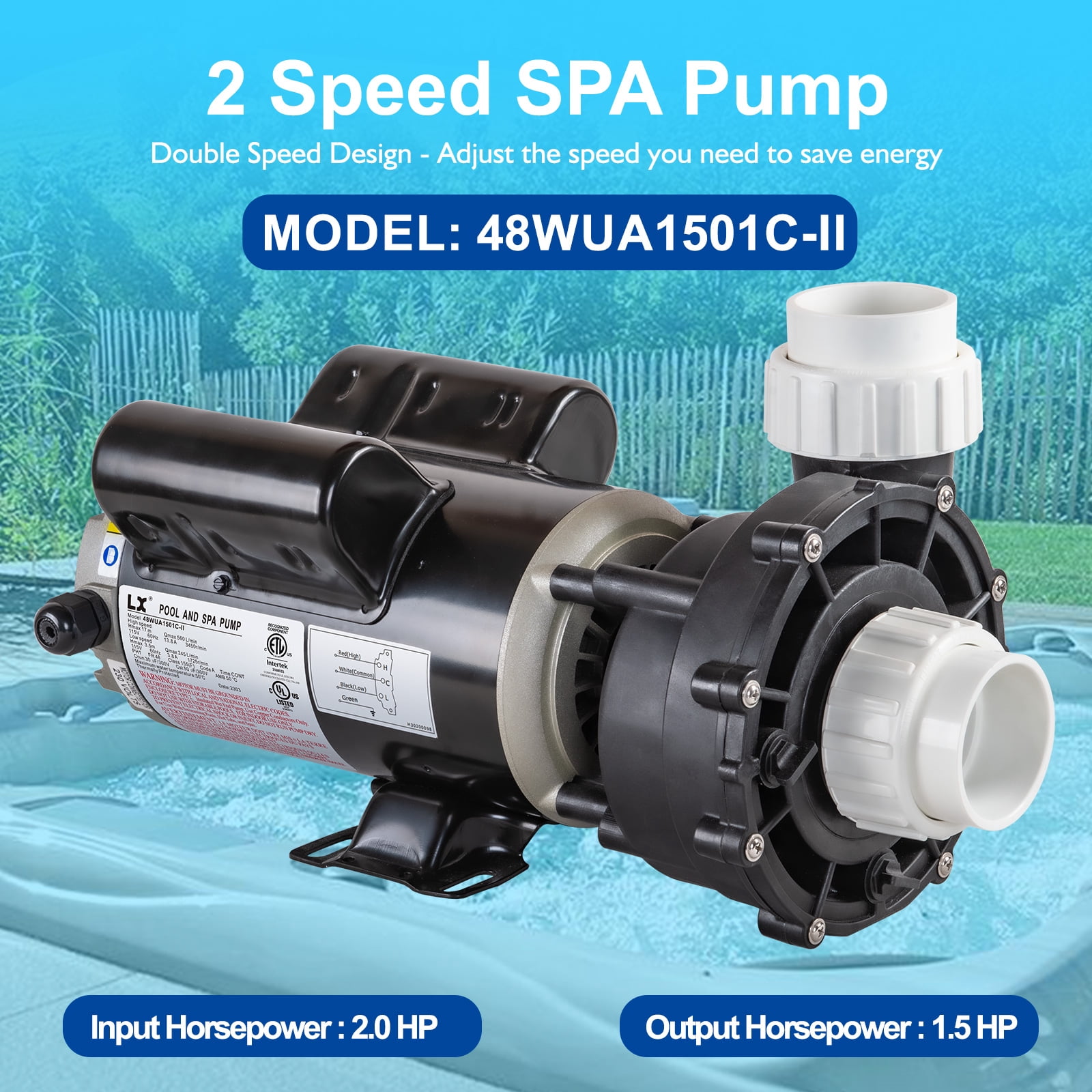 LINGXIAO SPA Pump, 2 Speed Hot Tub SPA Pump, 2HP LX SPA Pump Motor, 115V/60HZ, 2" Port - Model: 48WUA1501C-II
