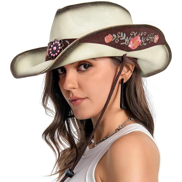 Cowboy Hats for Women, Brown Cowgirl Hats Classic Straw Western Hats for Women Music Festival Party Beach.