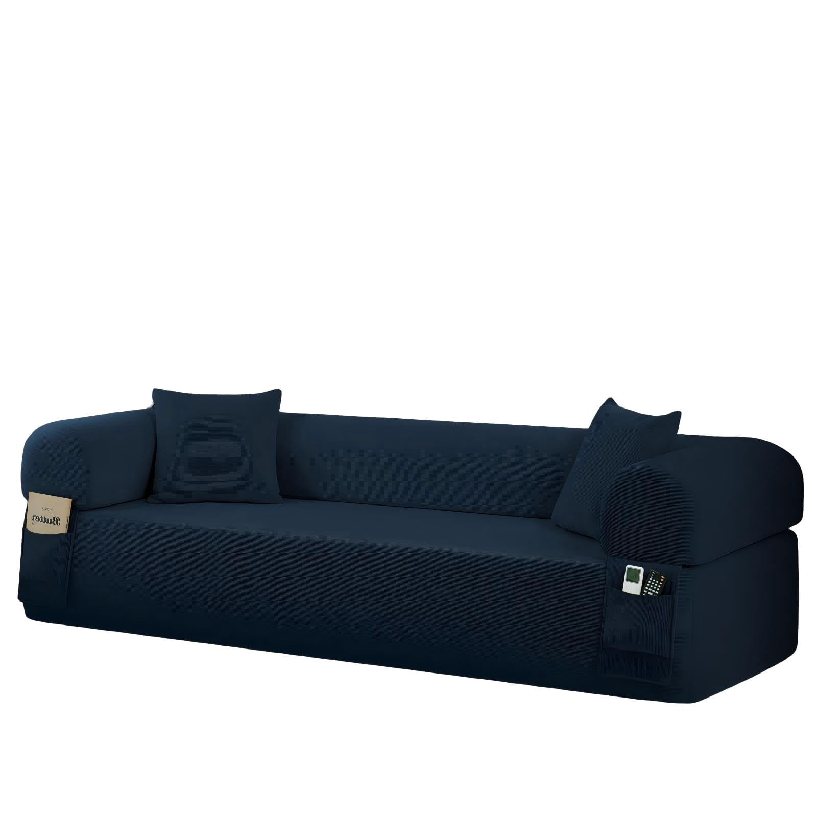 3-Seater Sofa, 83" No Assembly Deep Loveseat Couch in A Box, Spring & High-Elastic Sponge Filling Sofas with 2 Cushions & Side Storage Pockets for Living Room Apartment, Blue