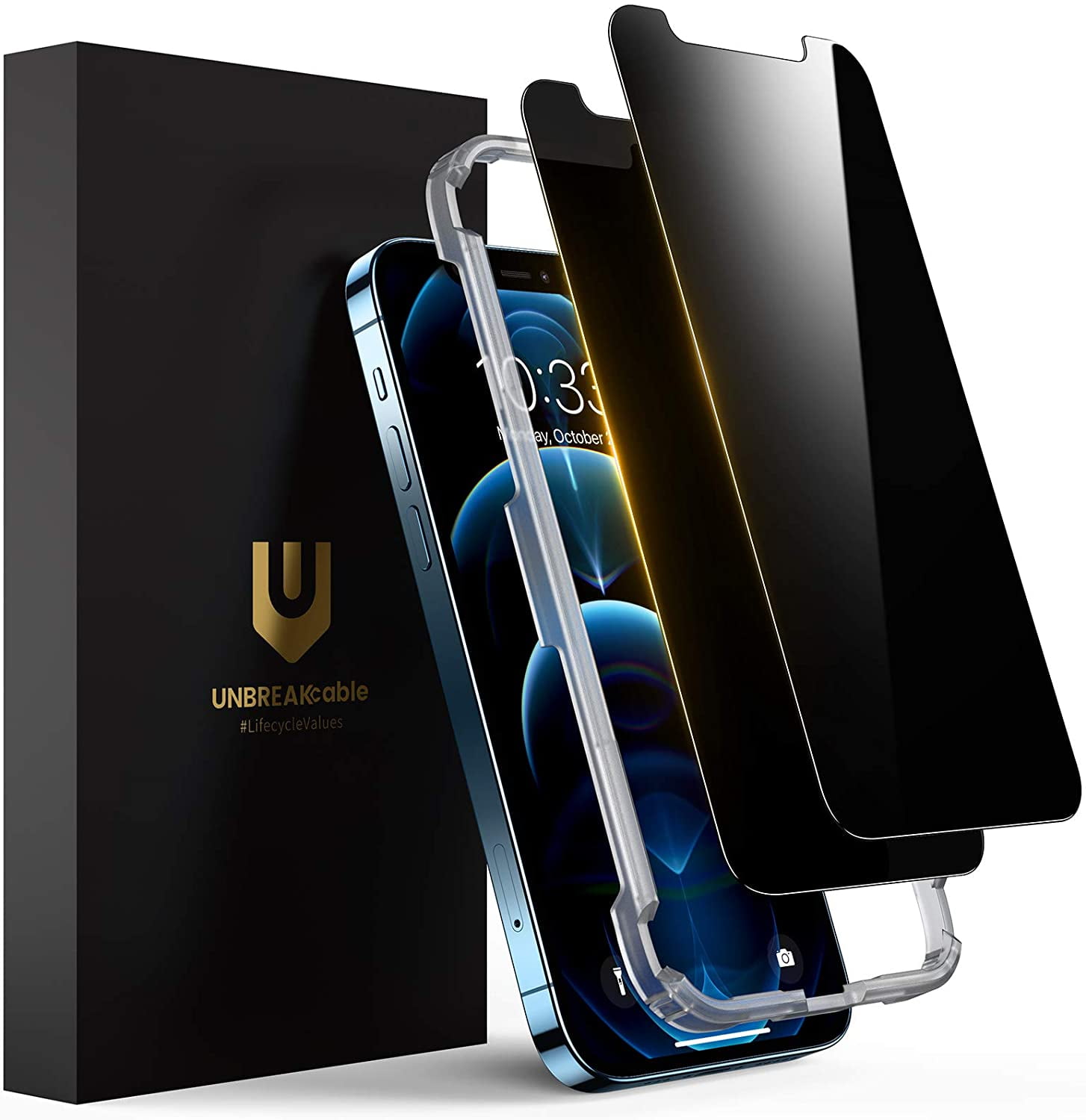 UNBREAKcable Privacy Screen Protector for iPhone 12 / iPhone 12 Pro, Shatterproof Tempered Glass [True 28°Anti Spy] [9H Hardness] [Easy Installation Frame] for iPhone 12,12 Pro 6.1 inch - 2 Pack