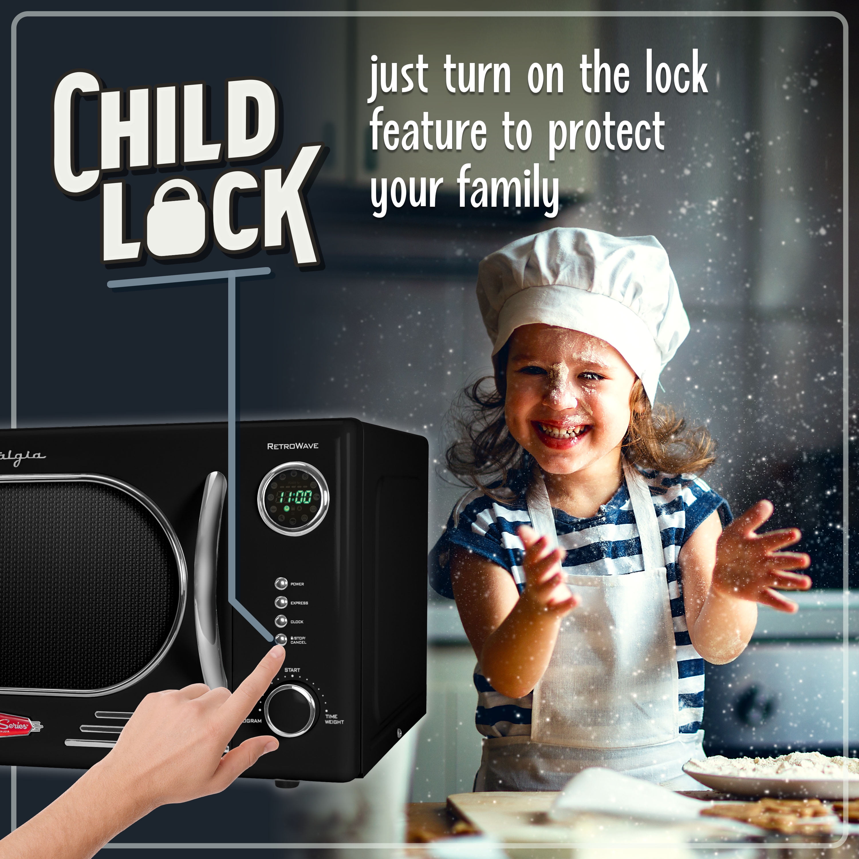 Nostalgia 1.1 cu ft Retro Microwave Oven, 1000W Countertop Microwave Oven with Digital Clock, Black