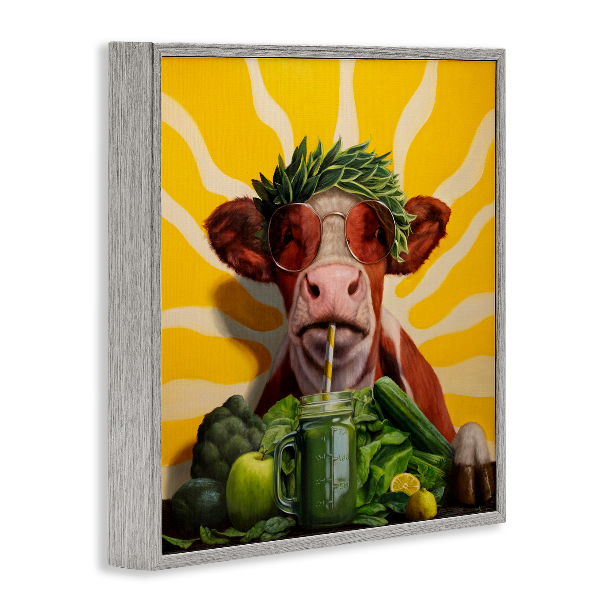 Stupell Industries Cow with Healthy Smoothie Food & Beverage Painting Gray Framed Art Print Wall Art, 12 x 12