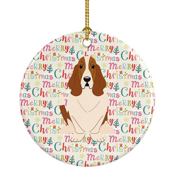 Merry Christmas Basset Hound Ceramic Ornament 2.8 in x 2.8 in