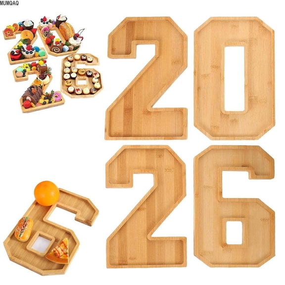 MUMQAQ 1 Set 2026 Charcuterie Numbers Fillable Wooden Divided Appetizer Tray, Cheese Board Platter for Fruit, Vegetables, Candy, Dessert, New Year Graduation Party Table Centerpiece Decor