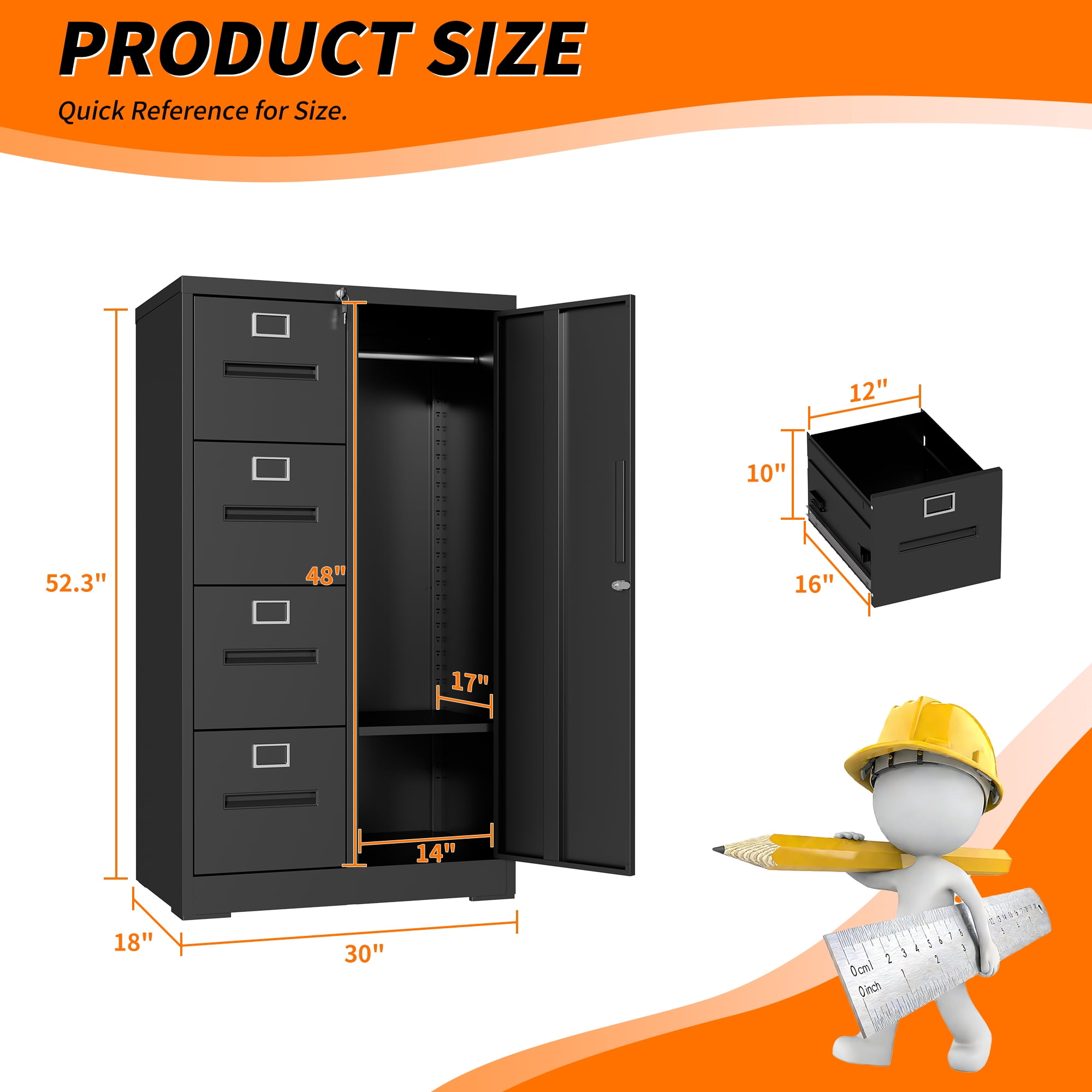 Leumius 52.4" Tall Metal Storage Cabinet with Lock,Freestanding Filing Cabinet Armoire Wardrobe Closet with 4 Drawers & Hanging Rod for Office,Living Room,School,Black