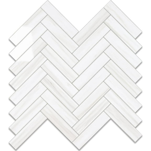 Glossy Dolomite White Peel and Stick Backsplash Tile - 10 Sheets Herringbone PVC Self Adhesive Tiles Stick on Wall Tile for Kitchen, Bathroom and Fireplace