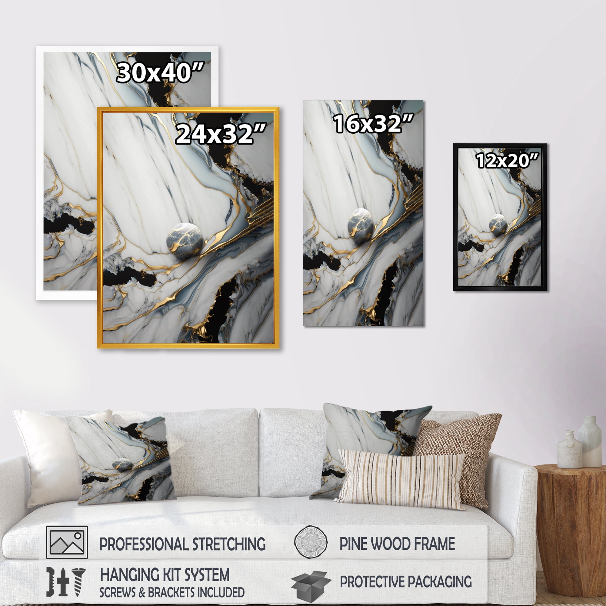 Designart Abstract Geode Gold And White Marble III Canvas Wall Art