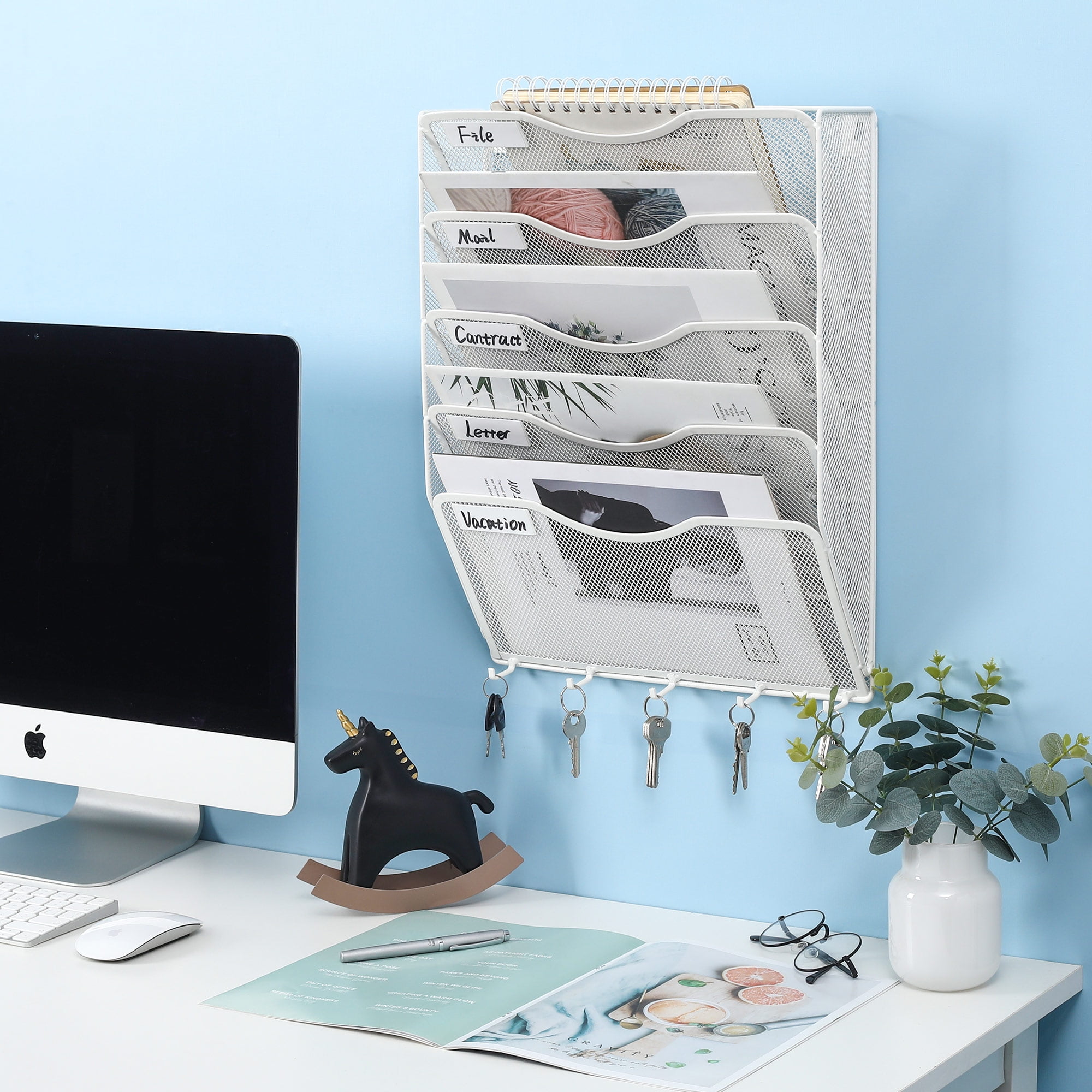 EasyPAG Wall Mount File Organizer with Key Hooks 5 Pocket Vertical Mesh Hanging Wall File Holder Magzine Paper Folders Rack for Office and Home,White