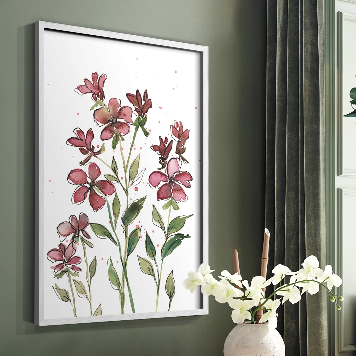 Watercolor Floral Stems II Framed Print in White Solid Wood 8 x 10 Framed Print