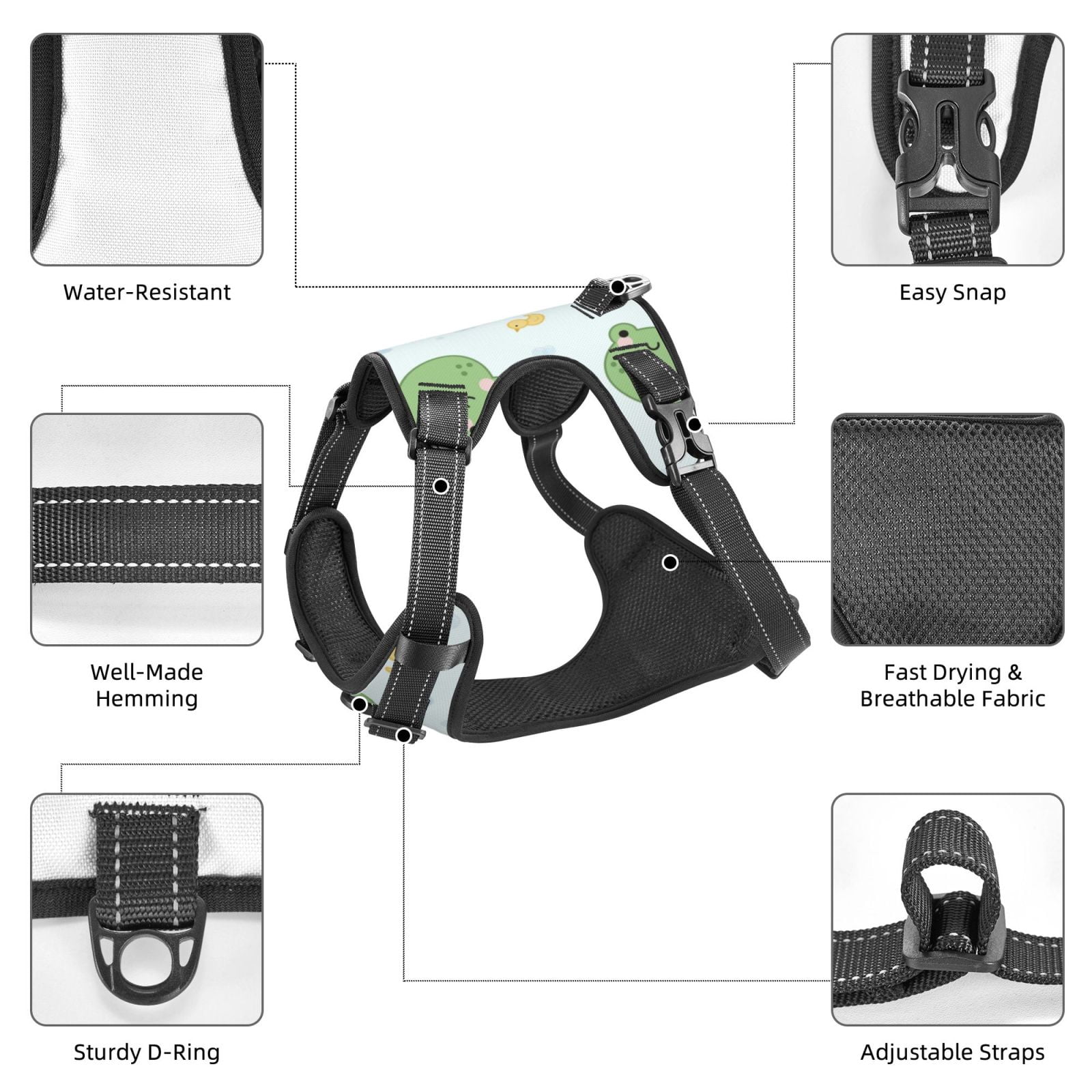 Fuzoiu Kawaii Frogs Print Reflective Dog Harness,Adjustable, Breathable Pet Vest,Dog Harness No Pull,No Choke Pet Vest for Small, Medium, and Large Dogs-Small